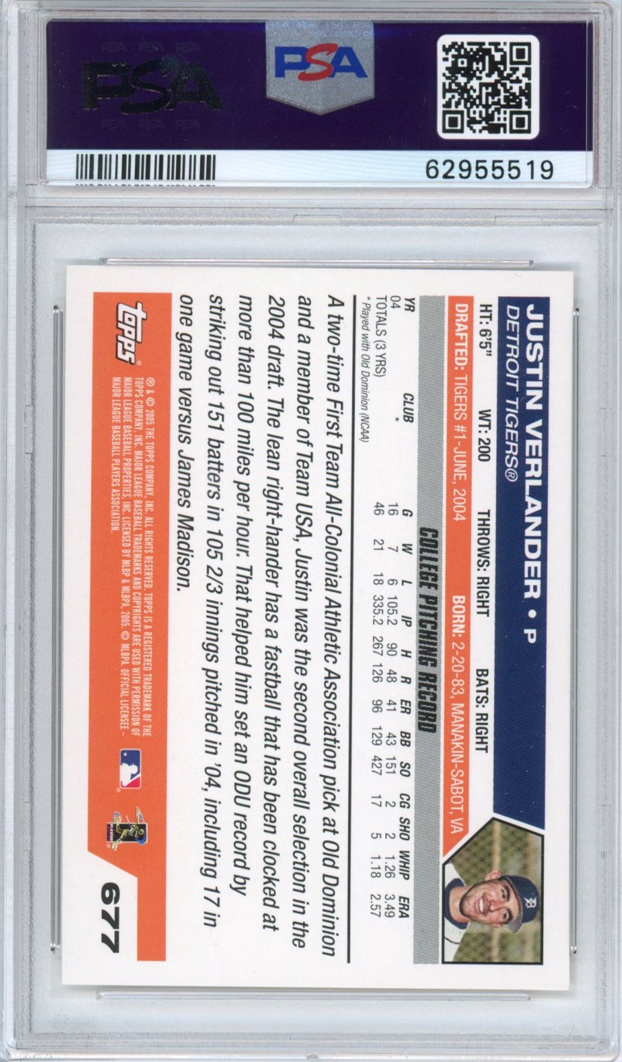 Graded 2005 Topps Justin Verlander #677 Rookie RC Baseball Card PSA 10 Gem Mint