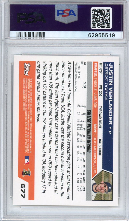 Graded 2005 Topps Justin Verlander #677 Rookie RC Baseball Card PSA 10 Gem Mint