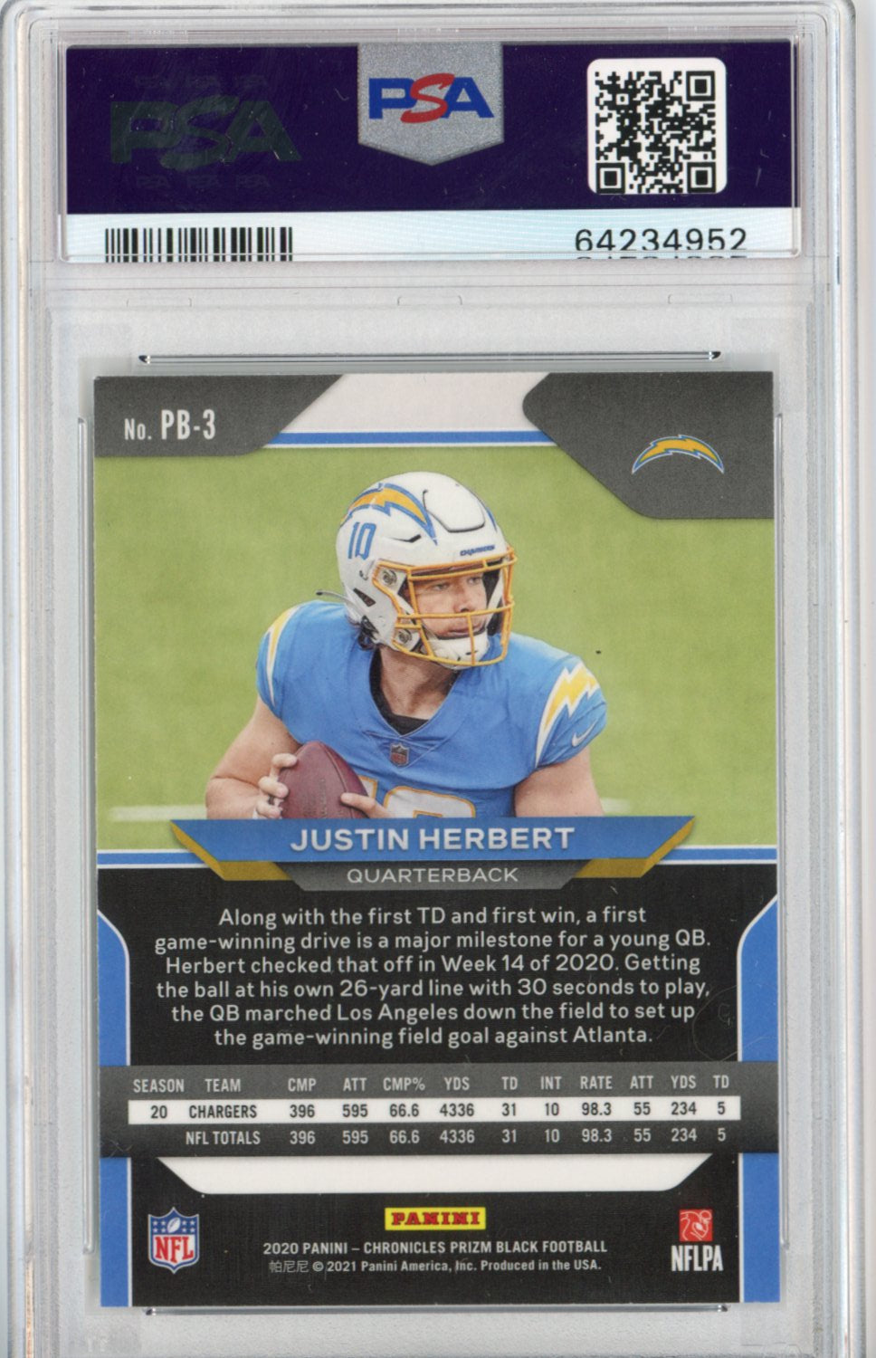 Graded 2020 Panini Chronicles Justin Herbert #PB3 Prizm Black Rookie RC Football Card PSA 10 Gem Mint