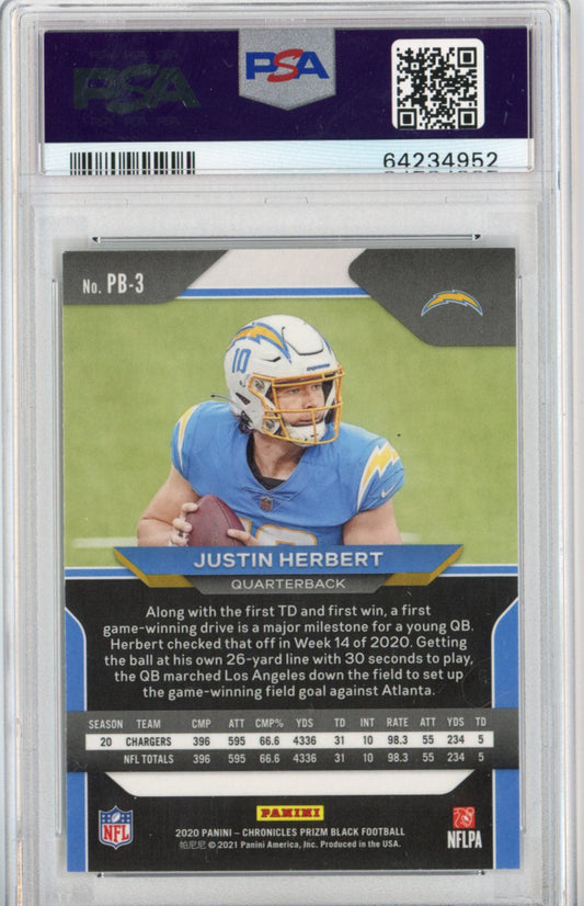 Graded 2020 Panini Chronicles Justin Herbert #PB3 Prizm Black Rookie RC Football Card PSA 10 Gem Mint