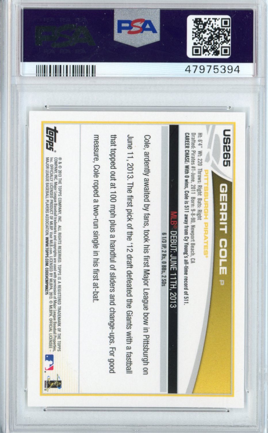 Graded 2013 Topps Update Gerrit Cole #US265 Rookie RC Baseball Card PSA 10 Gem Mint