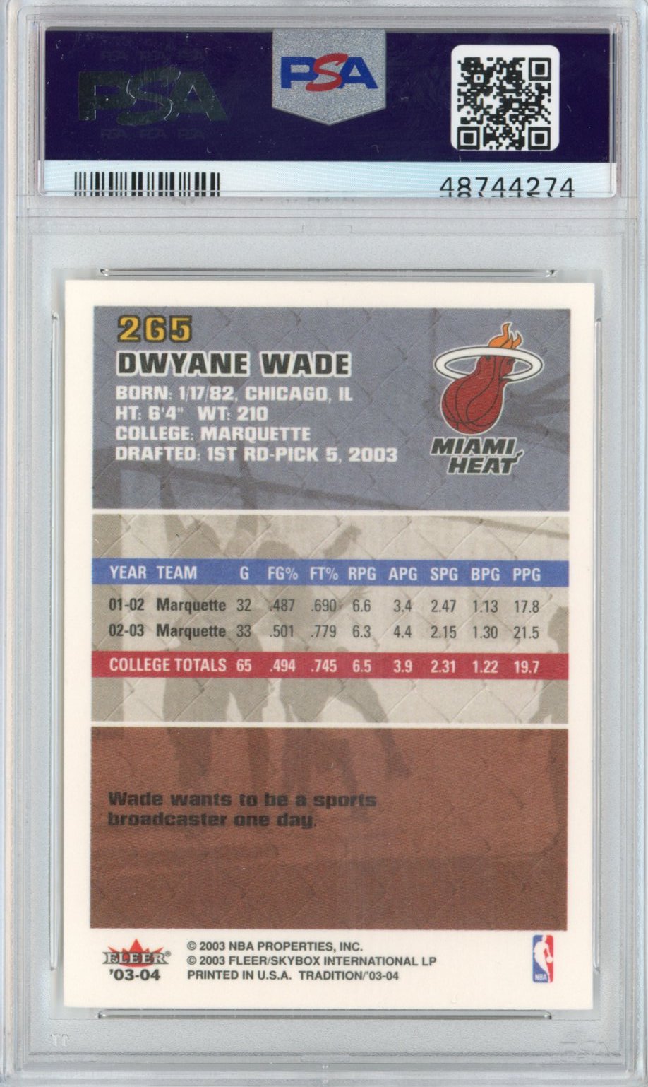 Graded 2003-04 Fleer Dwyane Wade #265 Rookie RC Basketball Card PSA 10 Gem Mint
