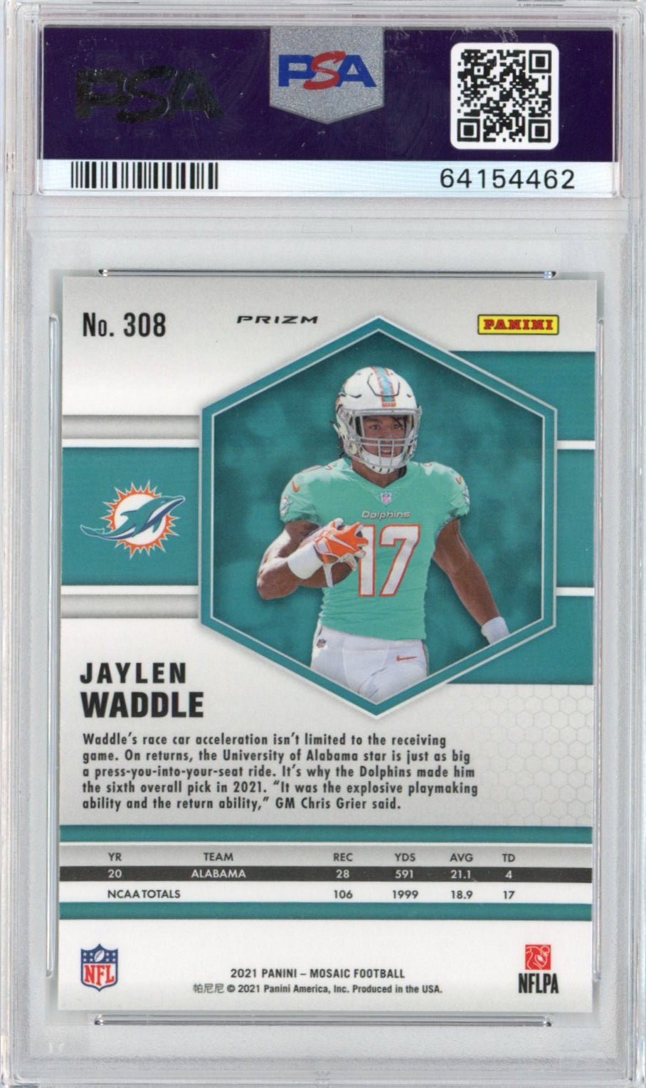 Graded 2021 Panini Mosaic Jaylen Waddle #308 Green Rookie RC Football Card PSA 10 Gem Mint