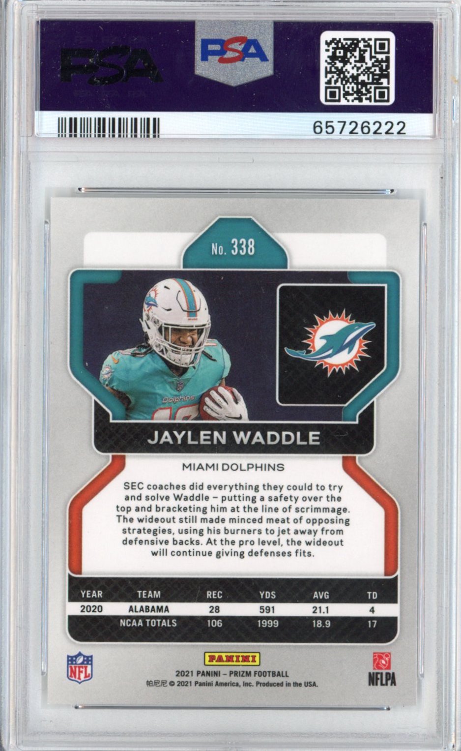 Graded 2021 Panini Prizm Jaylen Waddle #338 Rookie RC Football Card PSA 10 Gem Mint