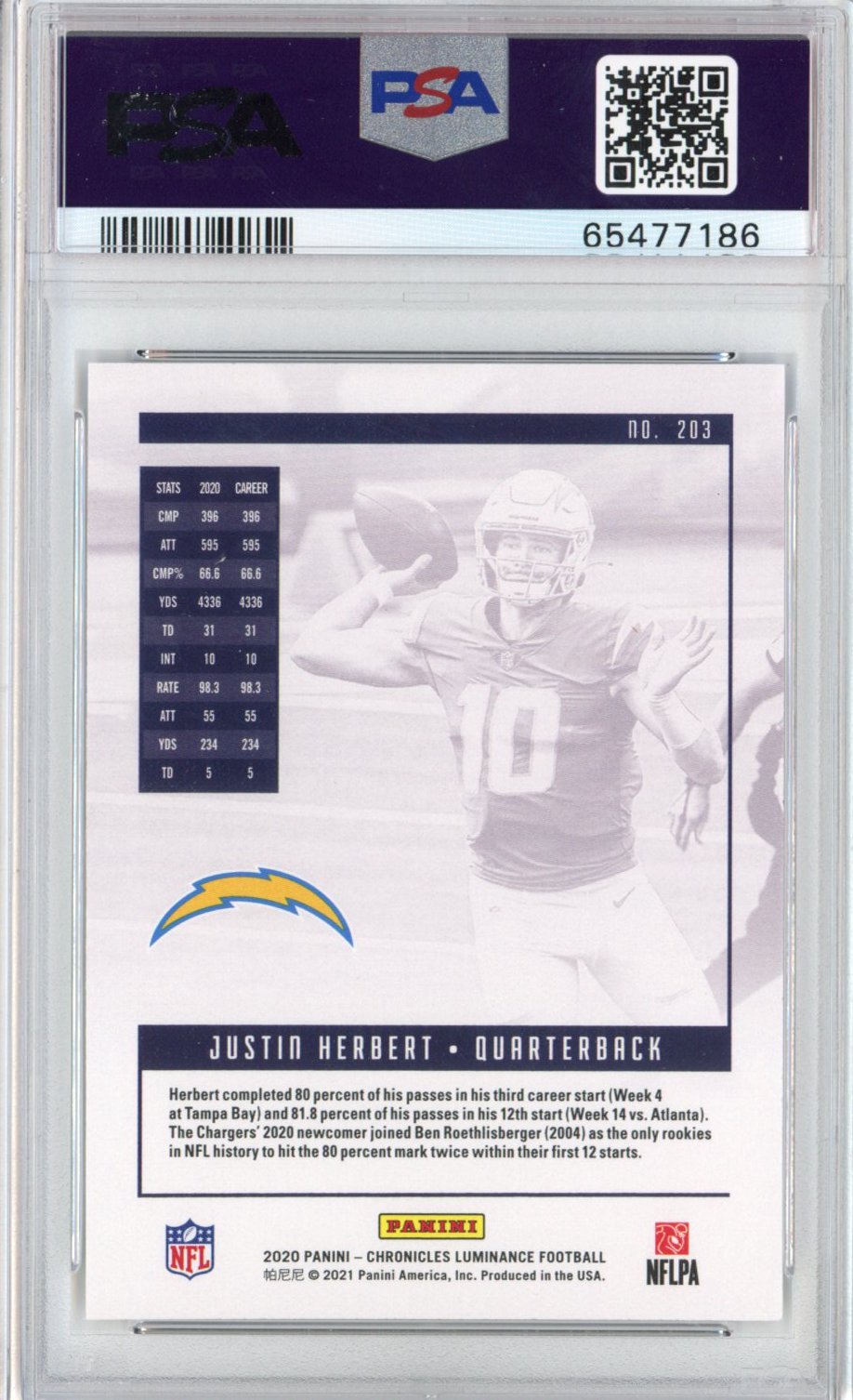 Graded 2020 Panini Chronicles Justin Herbert #203 Luminance Rookie RC Football Card PSA 10 Gem Mint