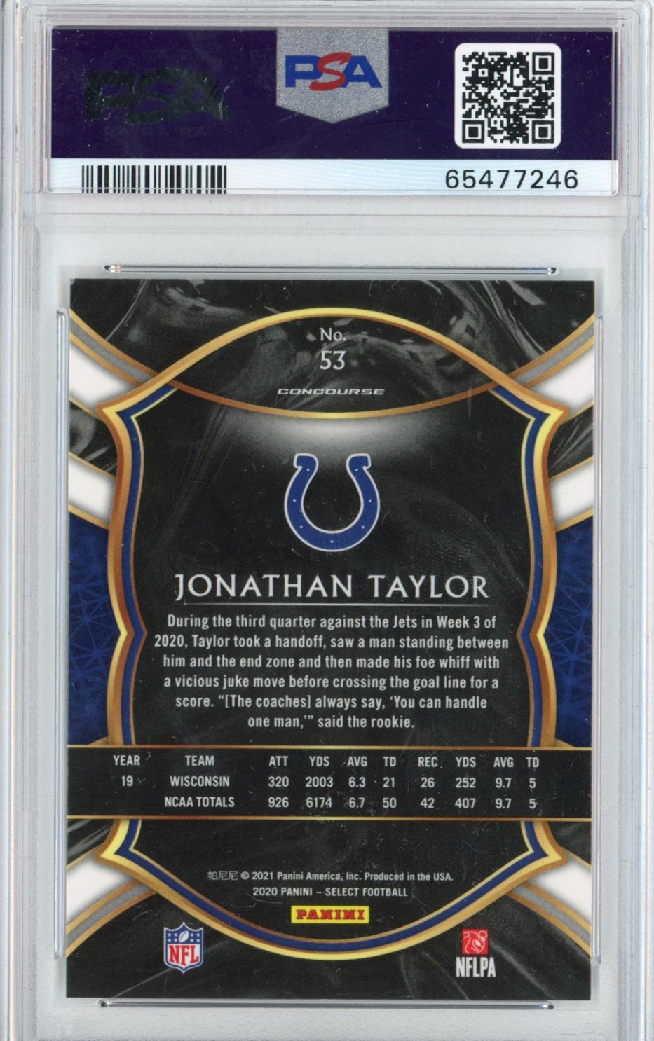 Graded 2020 Panini Select Jonathan Taylor #53 Concourse Rookie RC Football Card PSA 10 Gem Mint