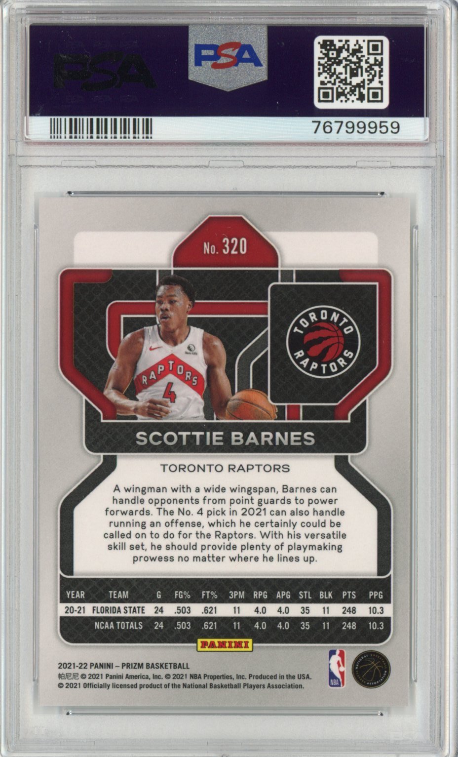 Graded 2021-22 Panini Prizm Scottie Barnes #320 Rookie RC Basketball Card PSA 10 Gem Mint