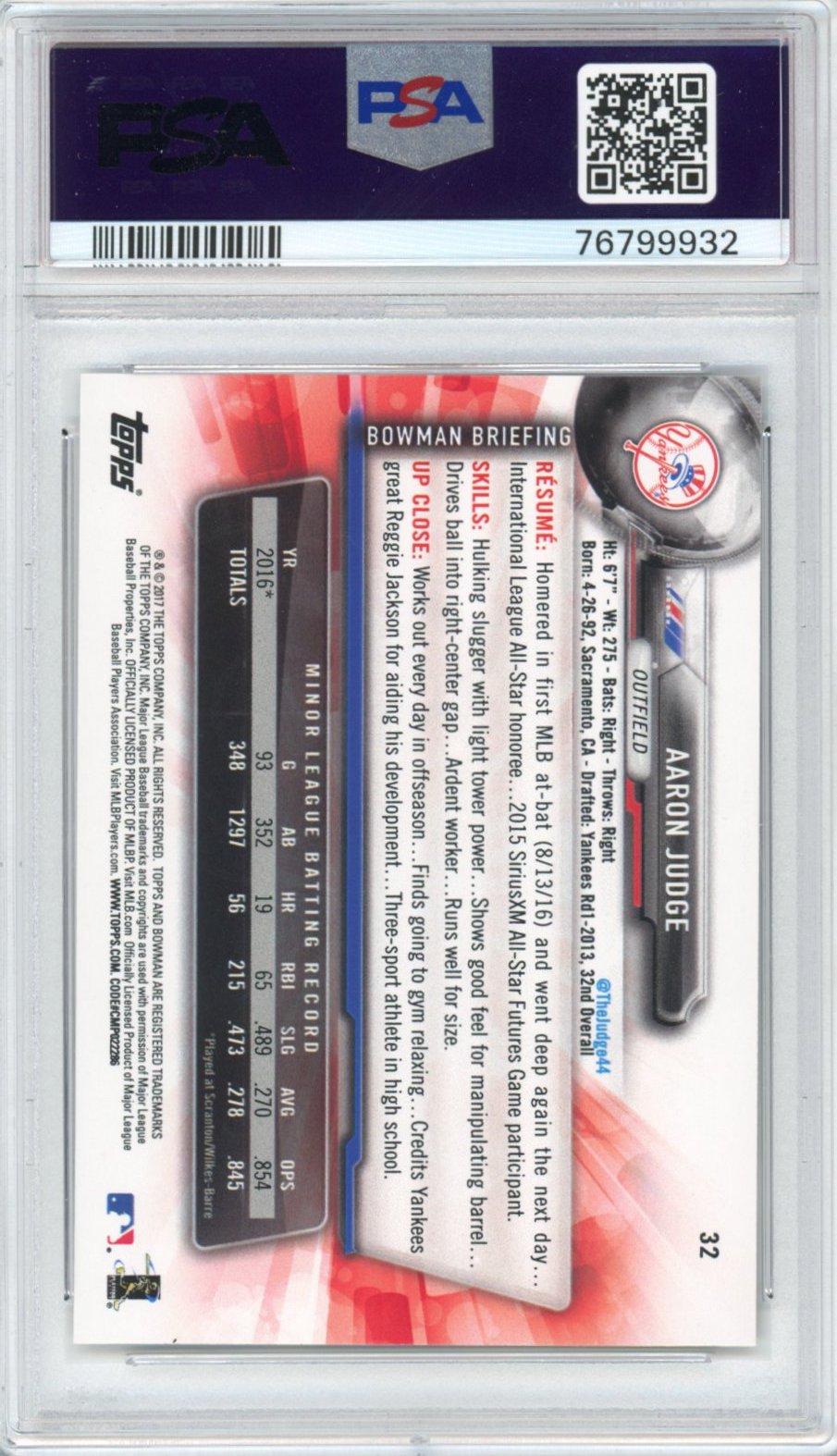 Graded 2017 Bowman Aaron Judge #32 Rookie RC Baseball Card PSA 10 Gem Mint