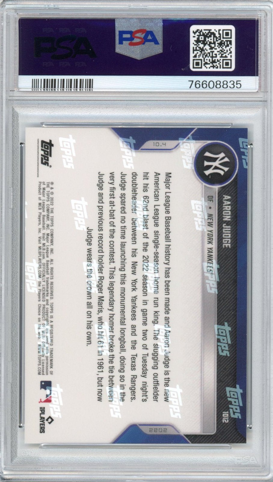 Graded 2022 Topps Now Aaron Judge #1012 62nd Home Run HR Record Baseball Card PSA 10 Gem Mint