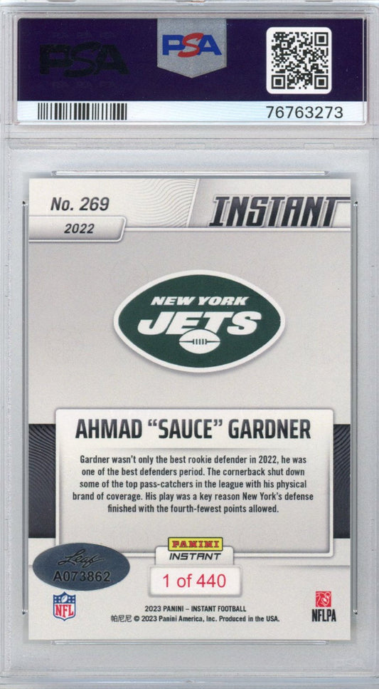 Graded 2022 Panini Instant Ahmad Sauce Gardner #269 Rookie RC Football Card PSA 10 Auto Gem Mint