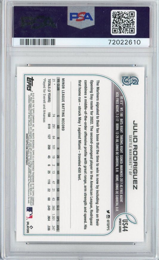 Graded 2022 Topps Update Julio Rodriguez #US44 Rookie RC Baseball Card PSA 10 Gem Mint