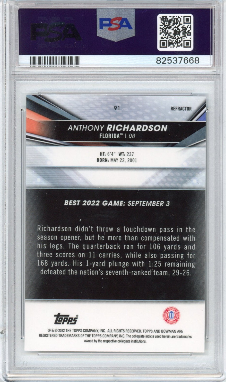 Graded 2022 Bowman Best University Anthony Richardson #91 Refractor Rookie RC Football Card PSA 9 Mint