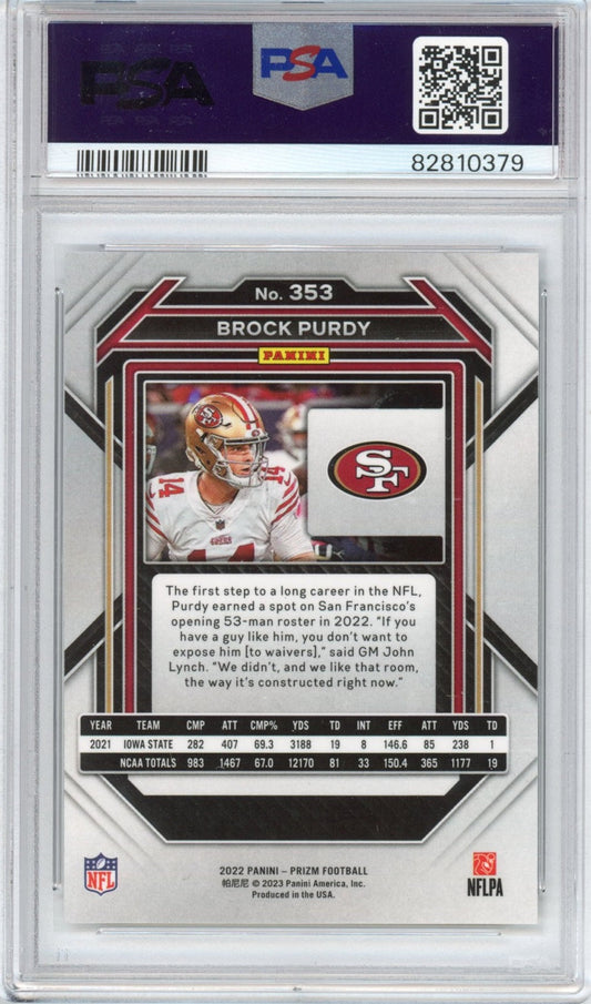 Graded 2022 Panini Prizm Brock Purdy #353 Rookie RC Football Card PSA 9 Mint