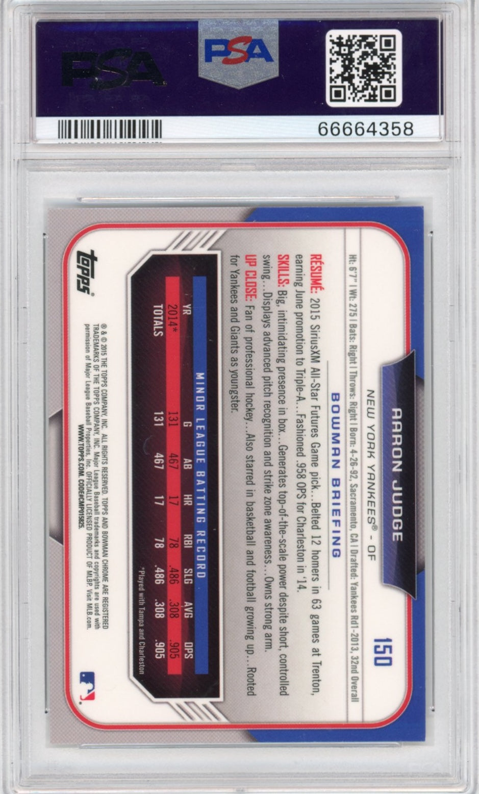 Graded 2015 Bowman Draft Aaron Judge #150 Chrome Rookie RC Baseball Card PSA 10 Gem Mint