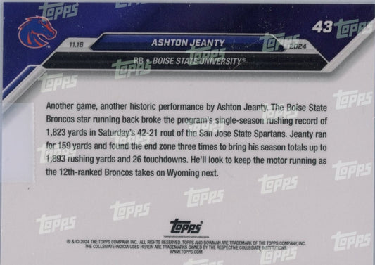 2024 Topps Bowman U Now Ashton Jeanty #43 Blue #/49 Boise State Broncos Rookie RC Football Card