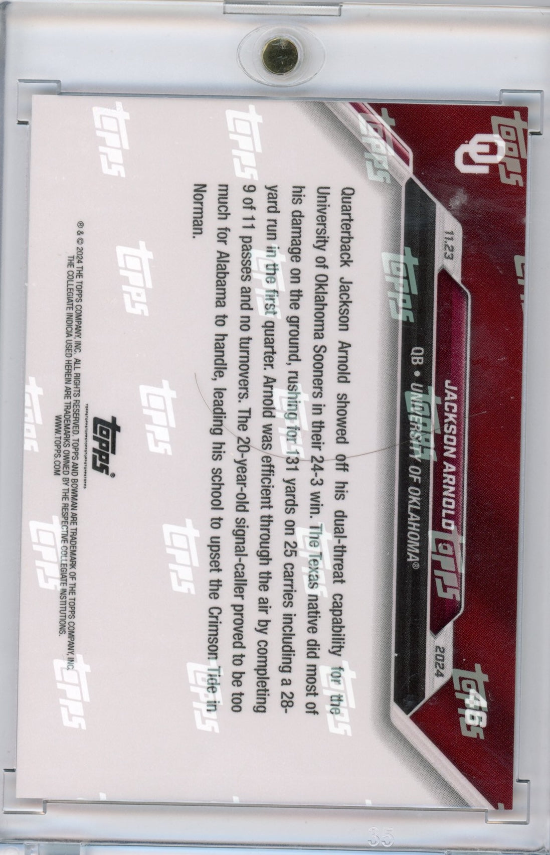 2024 Topps Bowman U Now Jackson Arnold #46 Purple #/25 Oklahoma Sooners Rookie RC Football Card