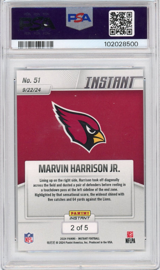 Graded 2024 Panini Instant NFL Marvin Harrison Jr #51 White Tiger #/5 Rookie RC Football Card PSA 9 Mint