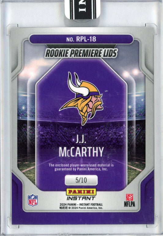 2024 Panini Instant JJ McCarthy #RPL-18 Rookie Premiere Lids #/10 Rookie RC Football Card