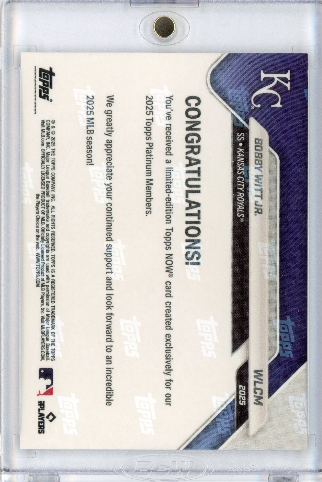 2025 Topps Now Bobby Witt Jr #WLCM Platinum Club Member Baseball Card