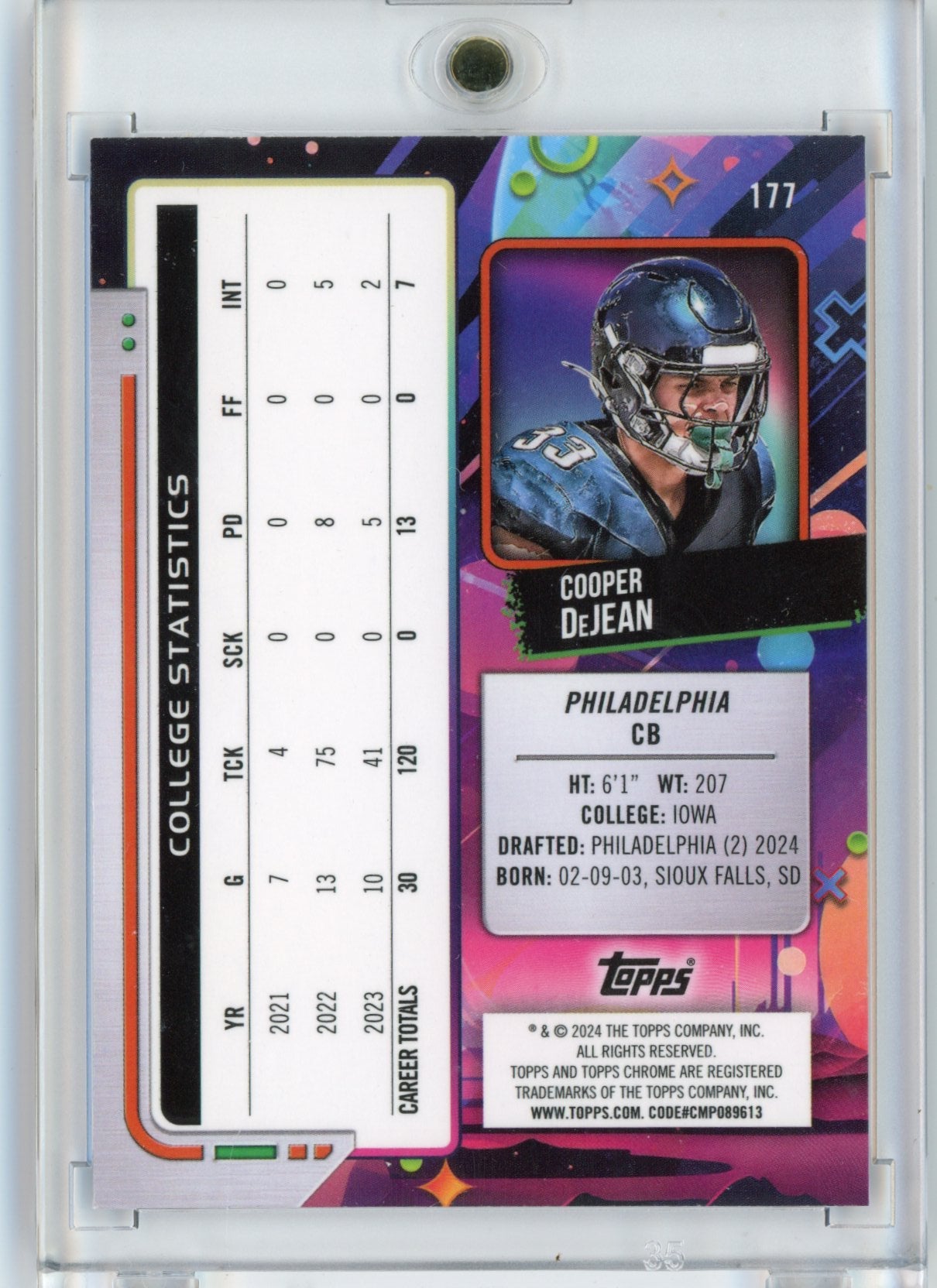 2024 Topps Cosmic Chrome Cooper DeJean #177 Blue Moon Refractor /99 Rookie RC Philadelphia Eagles Football Card