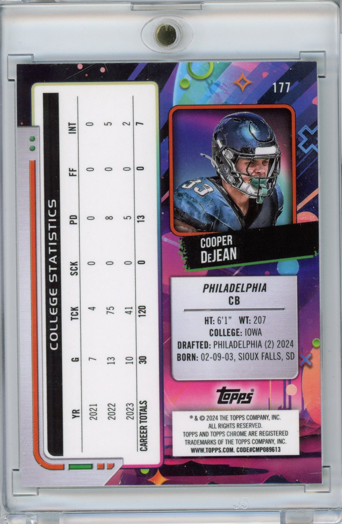 2024 Topps Cosmic Chrome Cooper DeJean #177 Spacedust Refractor /75 Rookie RC Philadelphia Eagles Football Card