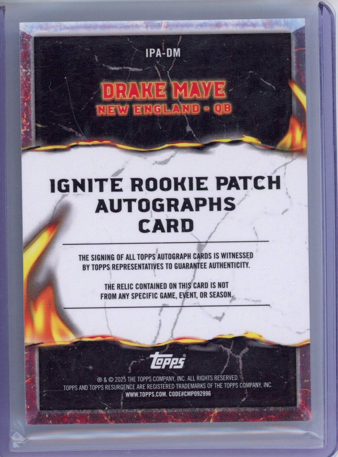 2024 Topps Resurgence Drake Maye #IPADM Ignite Rookie Patch Auto Rookie RC Football Card
