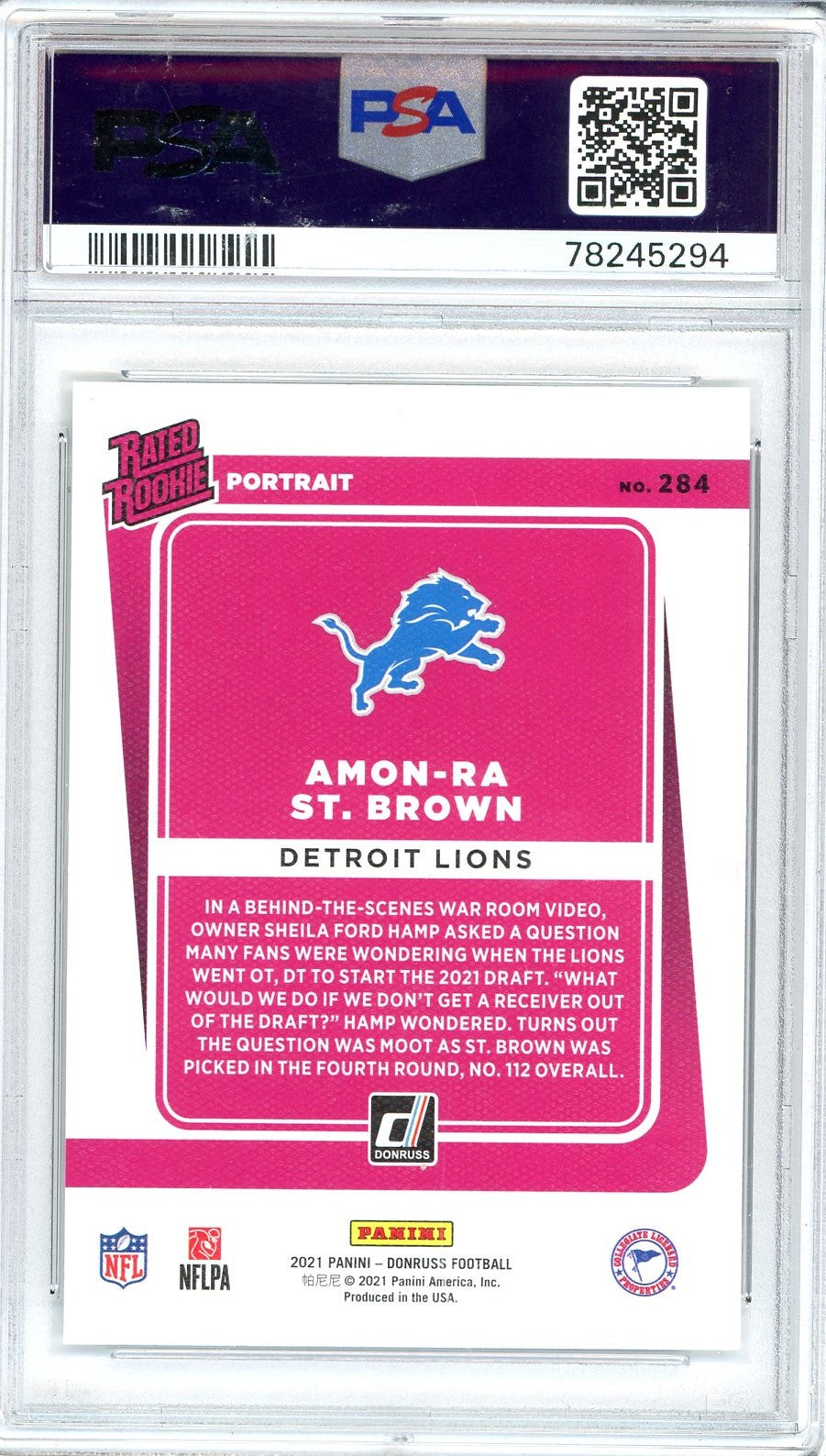 Graded 2021 Panini Donruss Amon-Ra St. Brown #284 Portrait Rookie RC Football Card PSA 10 Gem Mint
