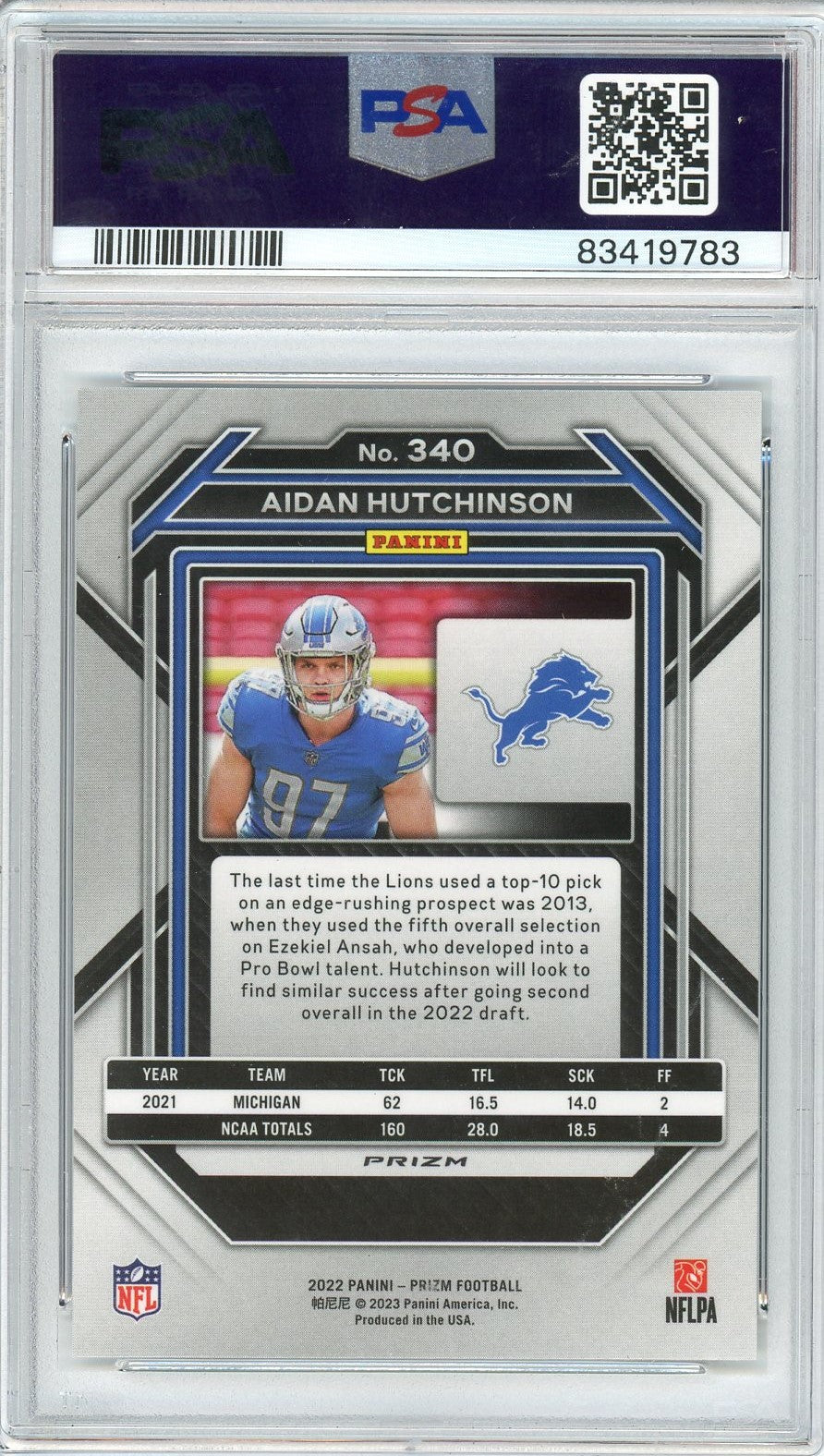 Graded 2022 Prizm Aidan Hutchinson #340 Silver Prizm Rookie RC Football Card PSA 10