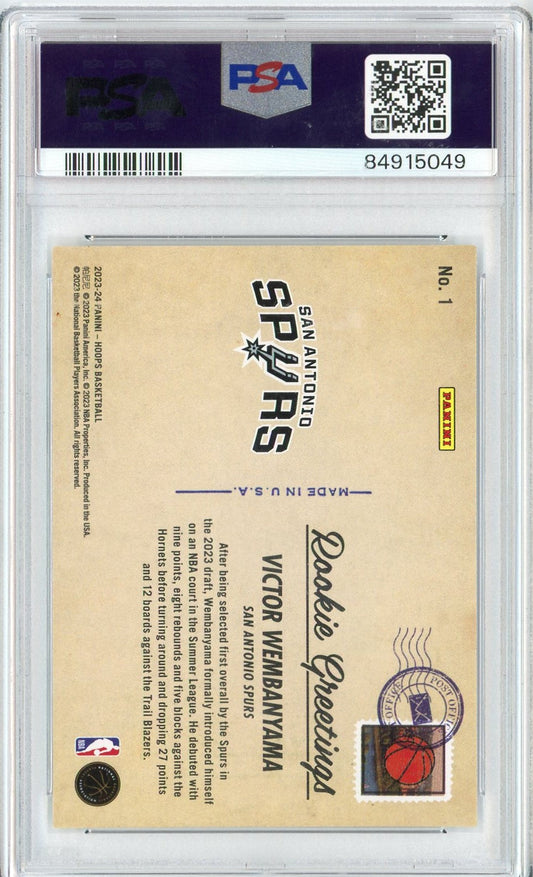Graded 2023 Panini NBA Hoops Victor Wembanyama #1 Rookie Greetings Rookie RC Basketball Card PSA 10 Gem Mint