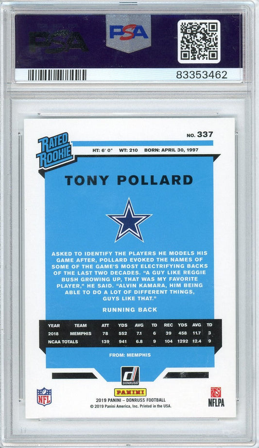 Graded 2019 Panini Donruss Tony Pollard #337 Rookie RC Football Card PSA 10 Gem Mint