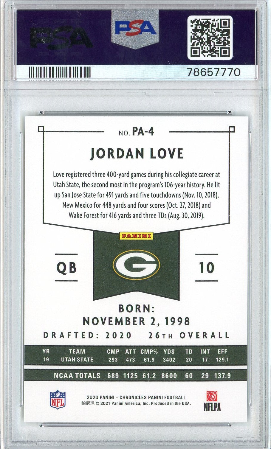 Graded 2020 Panini Chronicles Jordan Love #PA4 Panini Rookies RC Football Card PSA 10 Gem Mint