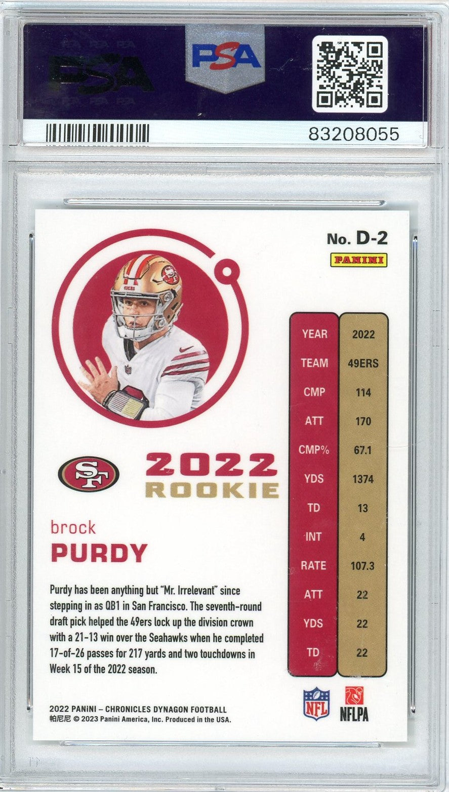Graded 2022 Panini Chronicles Brock Purdy #D2 Dynagon Rookie RC Football Card PSA 10 Gem Mint
