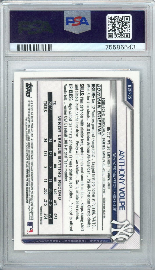 Graded 2021 Topps Bowman Anthony Volpe #BCP85 Chrome Prospects Rookie RC Baseball Card PSA 10 Gem Mint