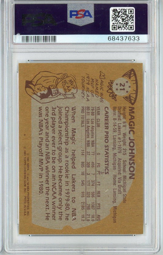 Graded 1981 Topps Magic Johnson #21 2nd Year Basketball Card PSA 8 NM-MT