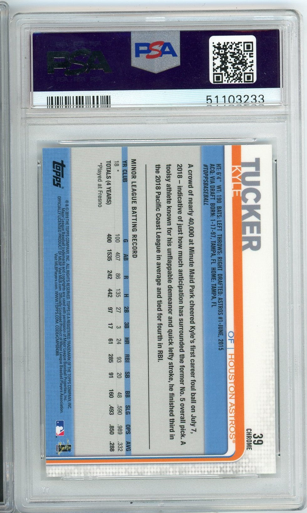 Graded 2019 Topps Chrome Kyle Tucker #39 Running Prism Refractor Rookie RC Baseball Card PSA 9 Mint