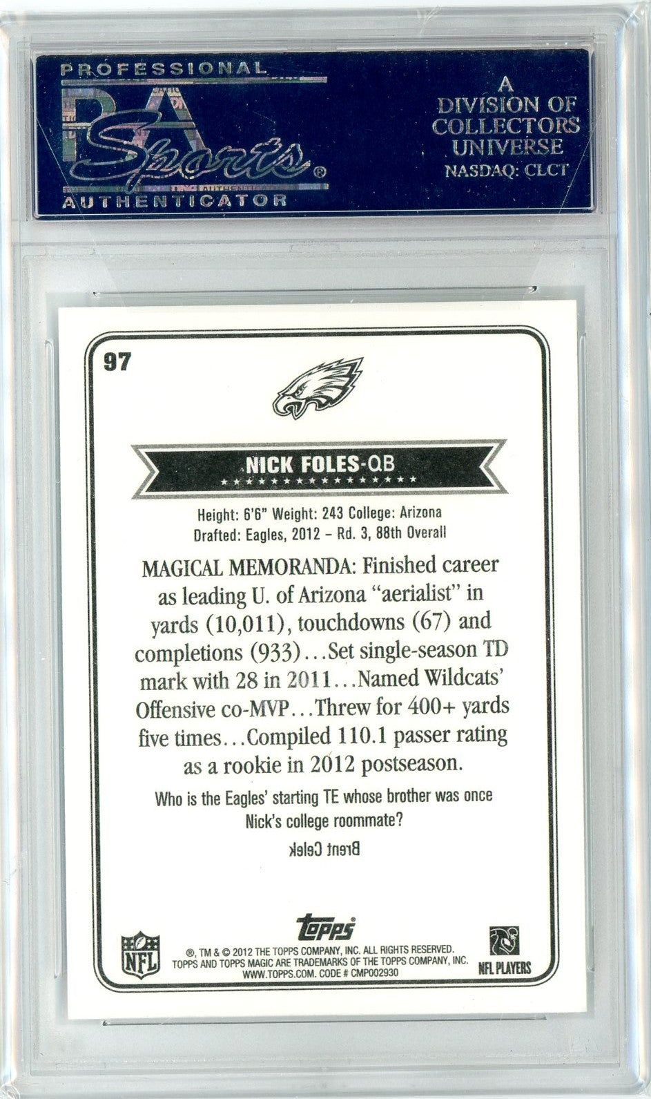 Graded 2012 Topps Magic Nick Foles #97 Rookie RC Football Card PSA 10 Gem Mint