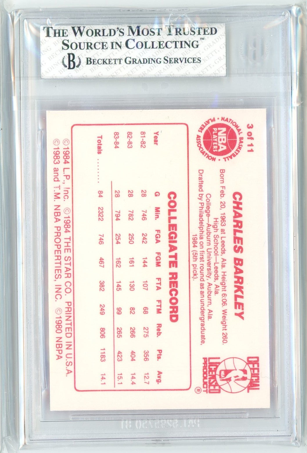 Graded 1985 Star Charles Barkley #3 Rookie RC Basketball Card BGS 7.5 Near Mint+