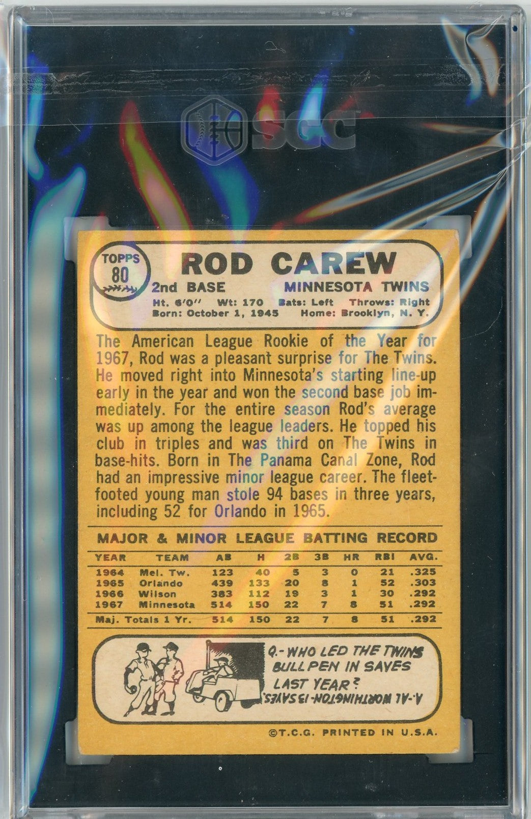 Graded 1968 Topps Rod Carew #80 2nd Year Rookie Cup Baseball Card SGC 5 Excellent