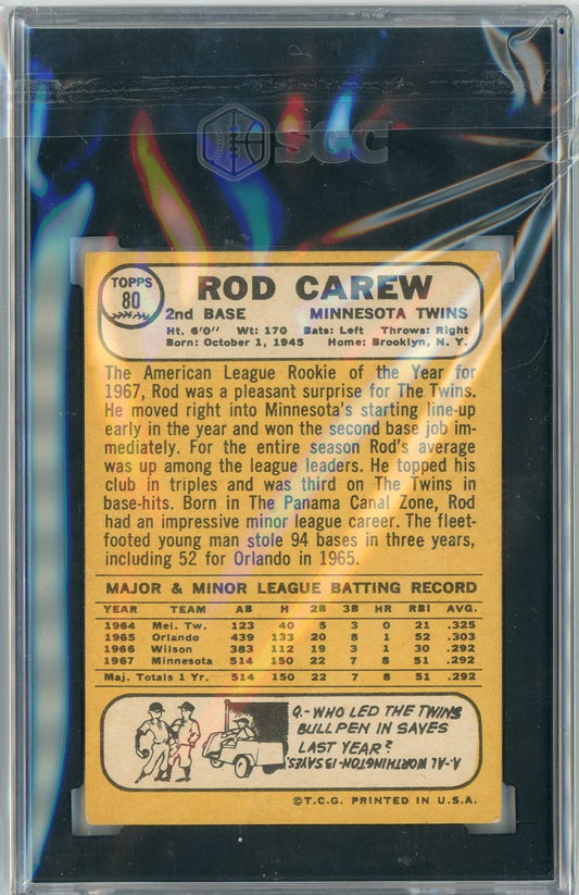 Graded 1968 Topps Rod Carew #80 2nd Year Rookie Cup Baseball Card SGC 5 Excellent