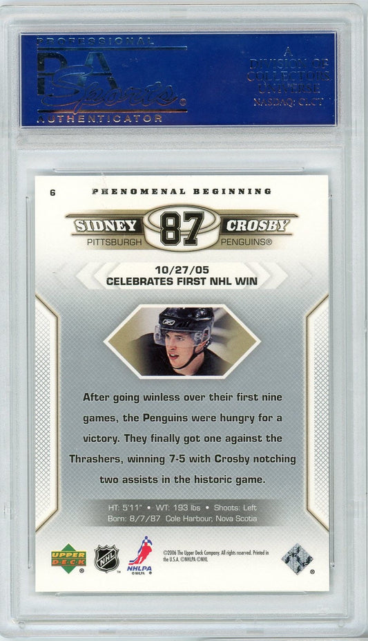 Graded 2005-06 Upper Deck Sidney Crosby #6 Phenomenal Beginnings Rookie RC Hockey Card PSA 10 Gem Mint
