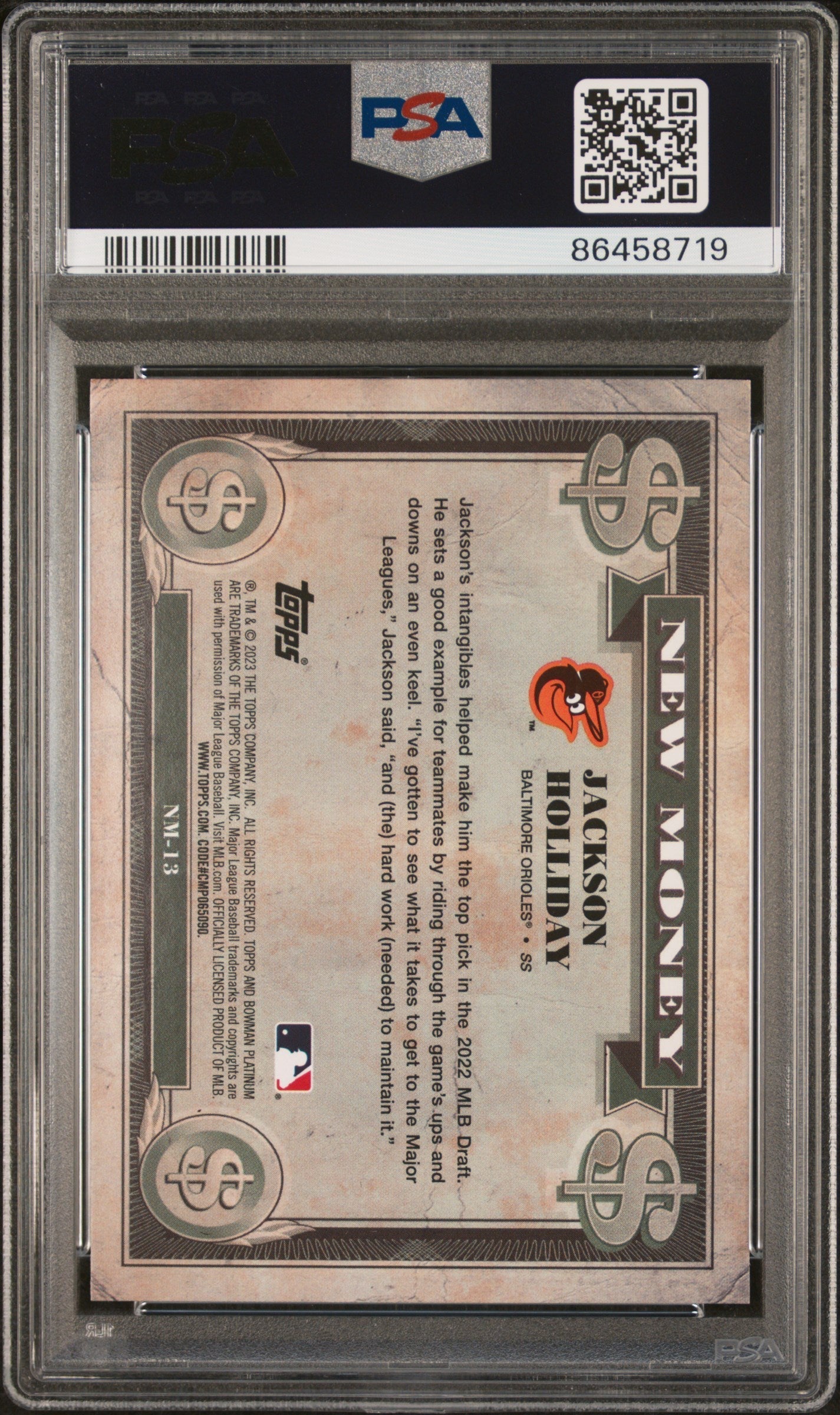 Graded 2023 Topps Bowman Platinum Jackson Holliday #NM13 New Money Rookie RC Baseball Card PSA 10 Gem Mint