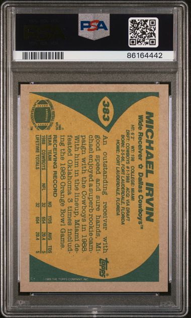 Graded 1989 Topps Michael Irvin #383 Rookie RC Football Card PSA 10 Gem Mint