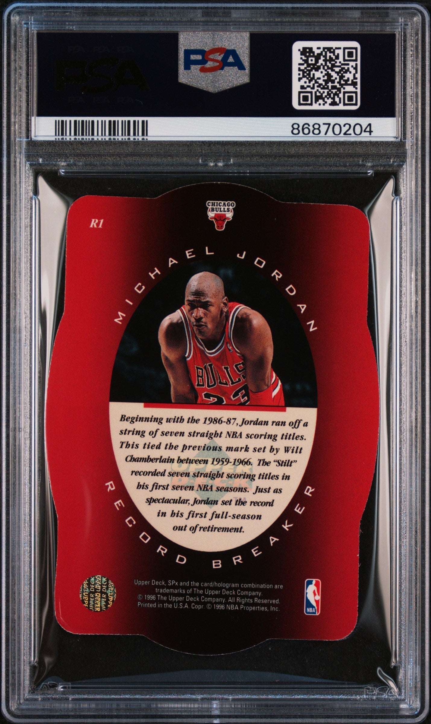Graded 1996 Upper Deck SPx Michael Jordan #R1 Record Breaker Basketball Card PSA 9 Mint