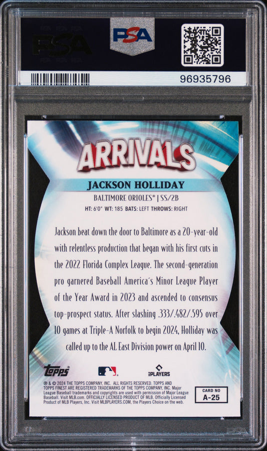 Graded 2024 Topps Finest Jackson Holliday #A25 Arrivals Rookie RC Baseball Card PSA 10 Gem Mint