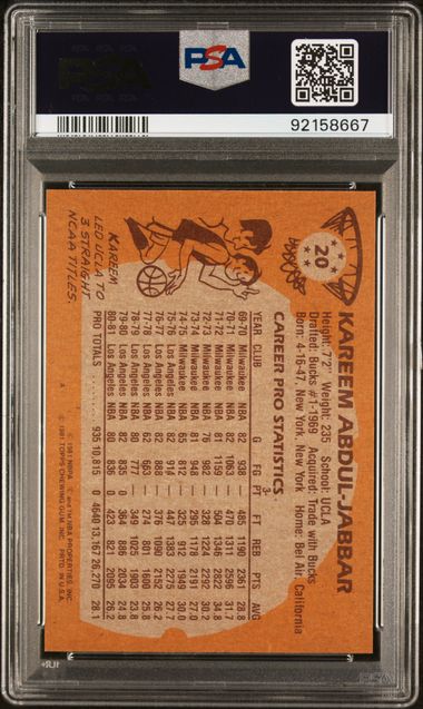 Graded 1981 Topps Kareem Abdul-Jabbar #20 Basketball Card PSA 9 Mint