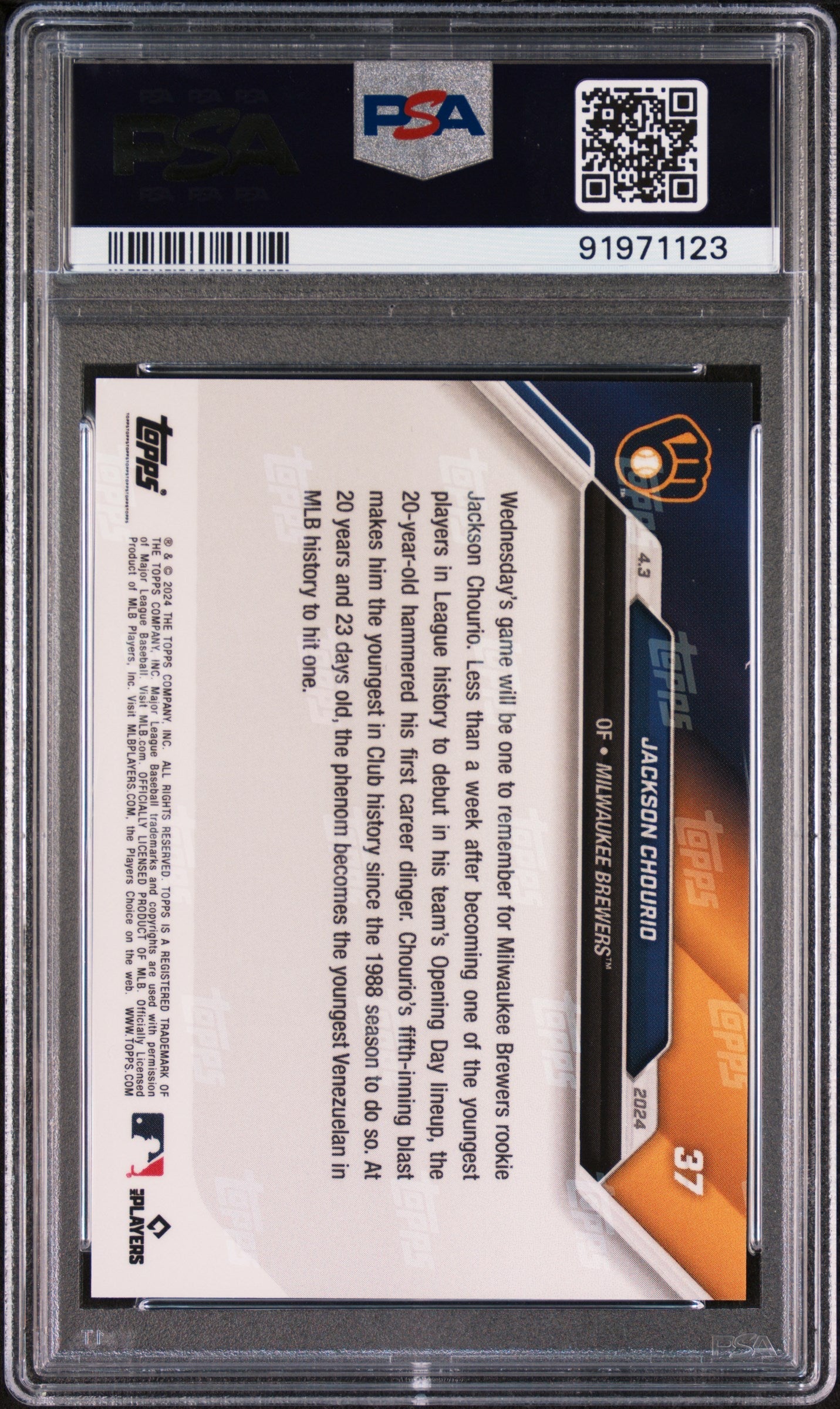 Graded 2024 Topps Now Jackson Chourio #37 First Career HR Rookie RC Baseball Card PSA 10 Gem Mint