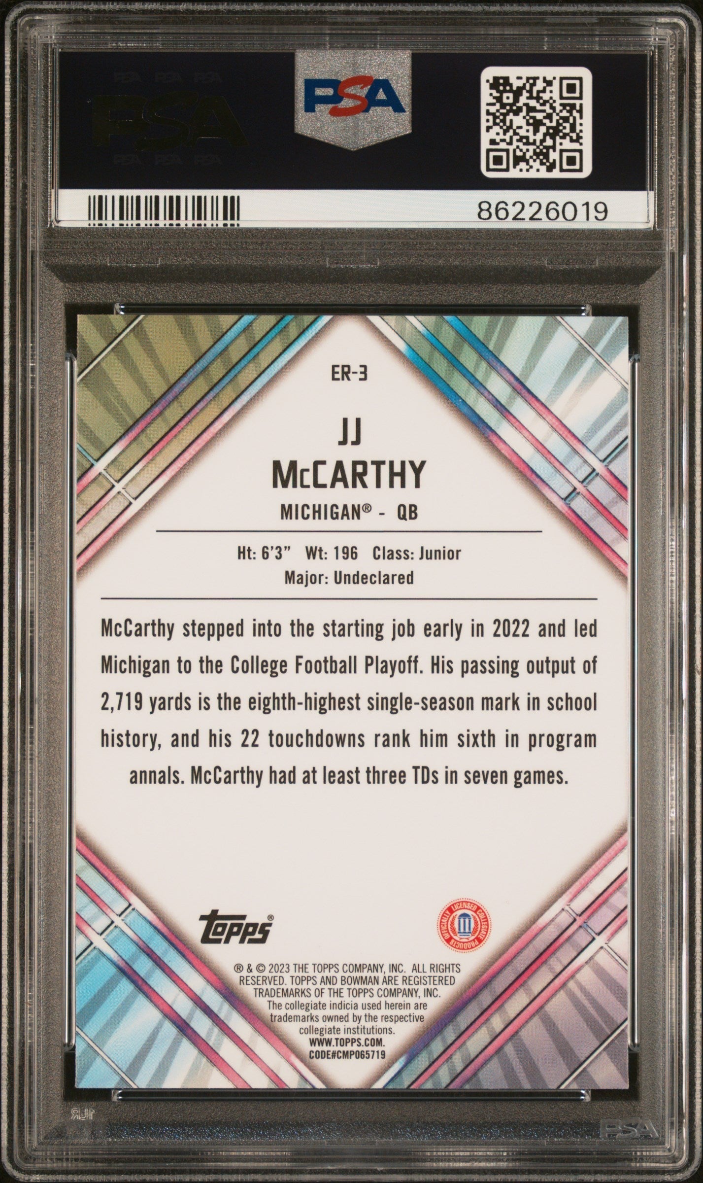 Graded 2023 Topps Bowman U Chrome JJ McCarthy #ER3 U/D Early Risers Rookie RC Football Card PSA 10 Gem Mint