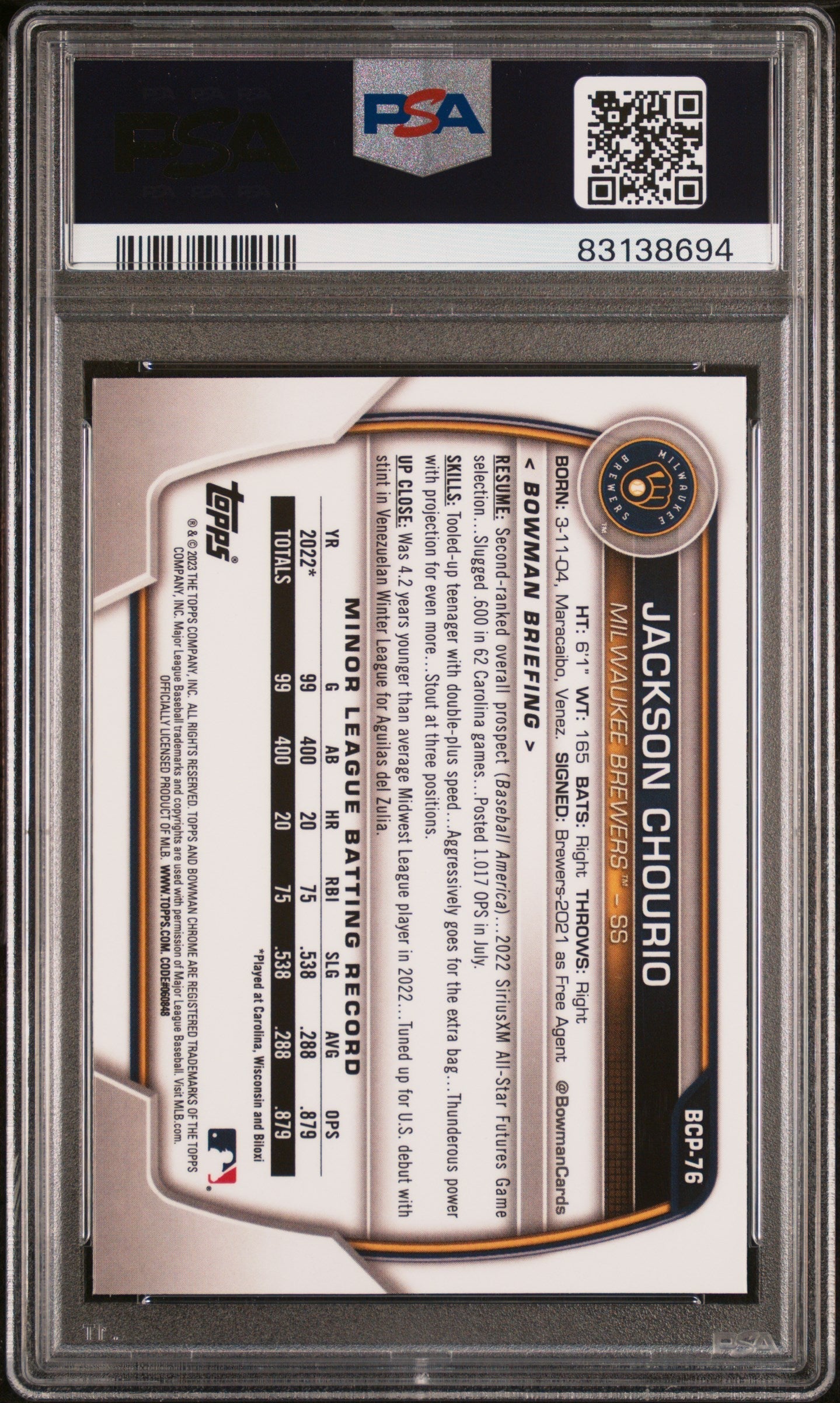 Graded 2023 Topps Bowman Sapphire Jackson Chourio #BCP76 Chrome Prospects Rookie RC Baseball Card PSA 10 Gem Mint