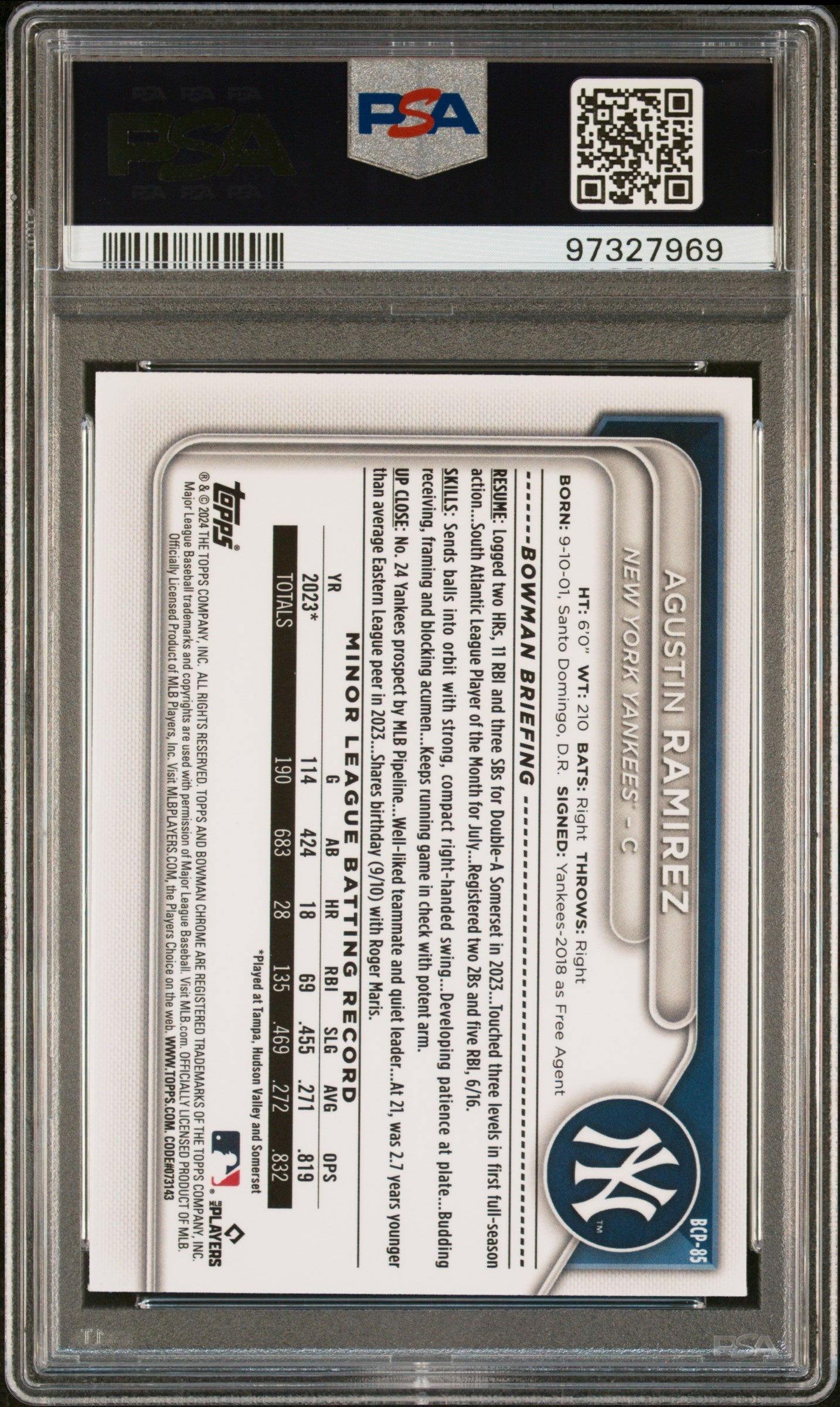 Graded 2024 Topps Bowman Sapphire Agustin Ramirez #BCP85 Chrome Prospects Rookie RC Baseball Card PSA 10 Gem Mint