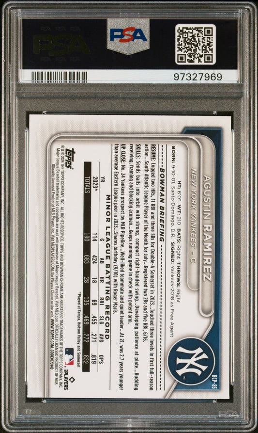 Graded 2024 Topps Bowman Sapphire Agustin Ramirez #BCP85 Chrome Prospects Rookie RC Baseball Card PSA 10 Gem Mint